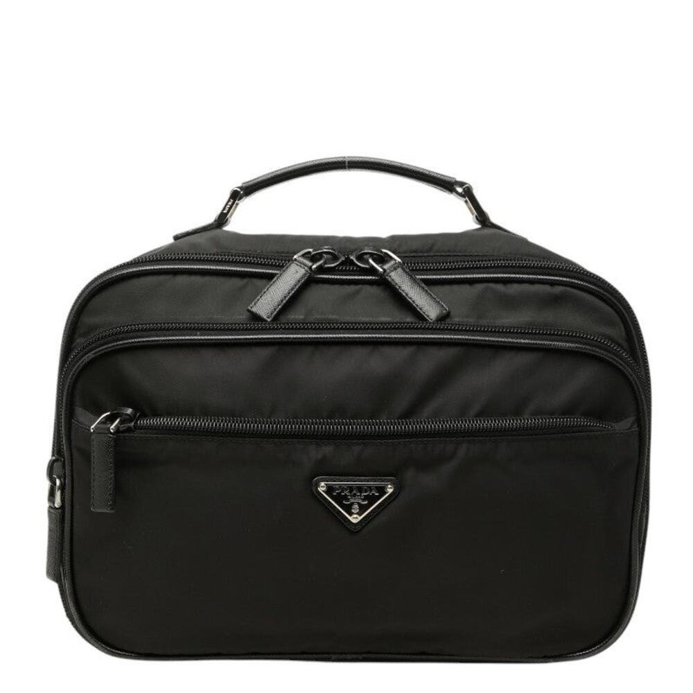 Prada Triangle Logo Plate Vanity Bag Carry-On Bag Cosmetic Bag Black